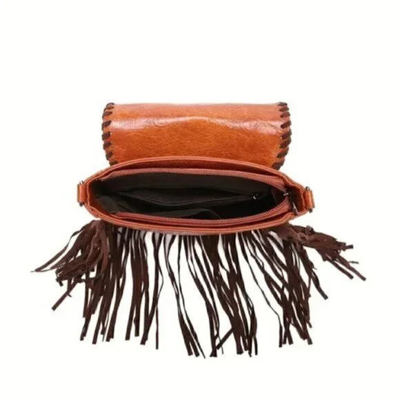 Vintage Bohemian Style Rivet Crossbody Bag, Tassel Aztec Tribal Fringe Purse - Picture 4 of 5